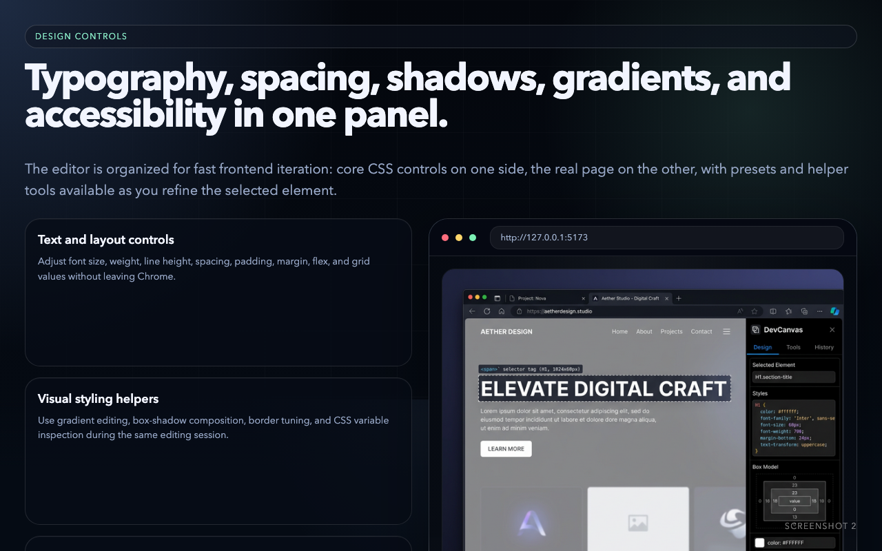 Dev Canvas Studio style controls with live preview