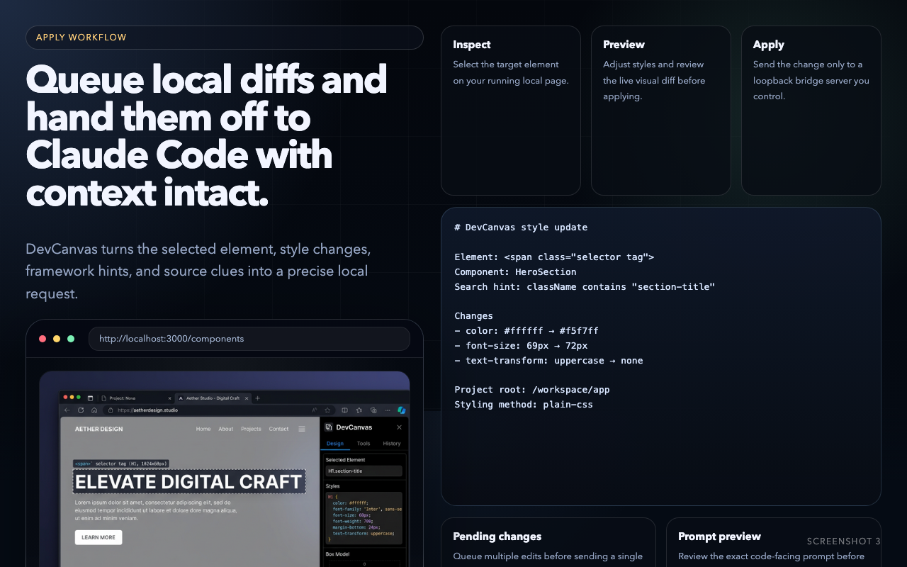 Dev Canvas Studio queued style diffs ready for Claude Code