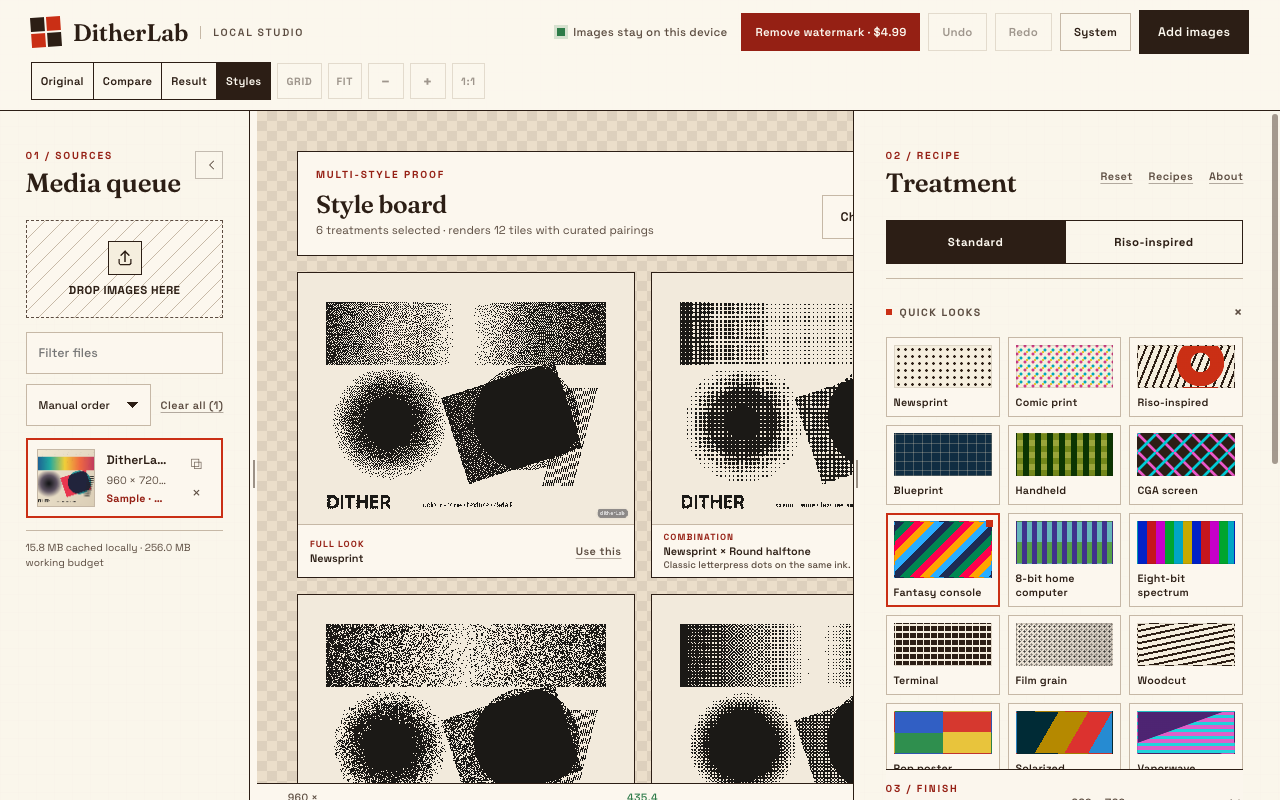 DitherLab Style Board comparing several treatments