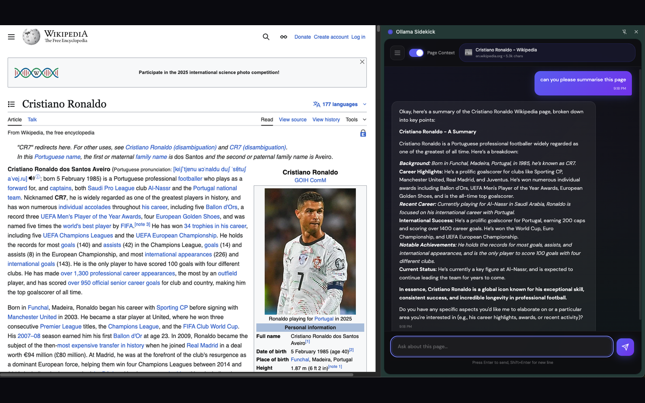 Chatting with a local Ollama model with webpage context attached