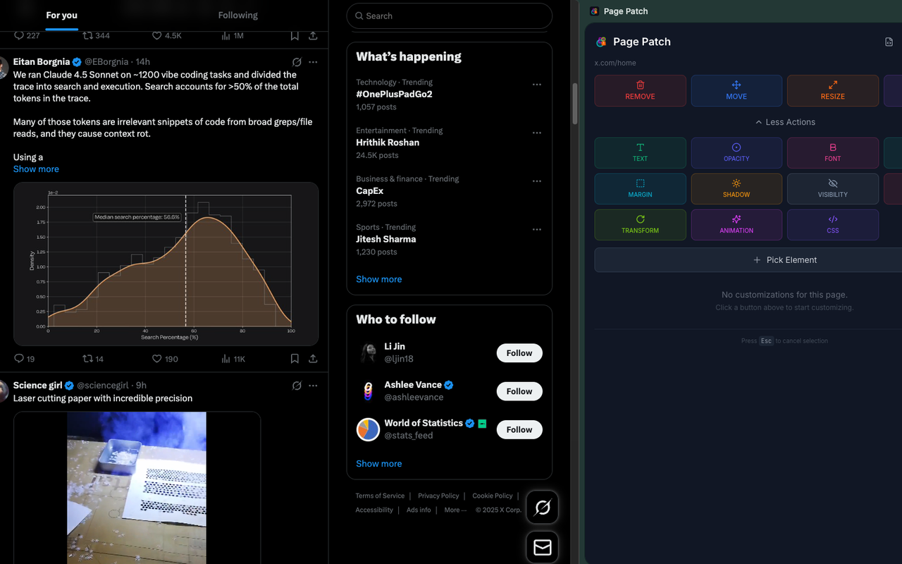 Page Patch interface for customizing a webpage