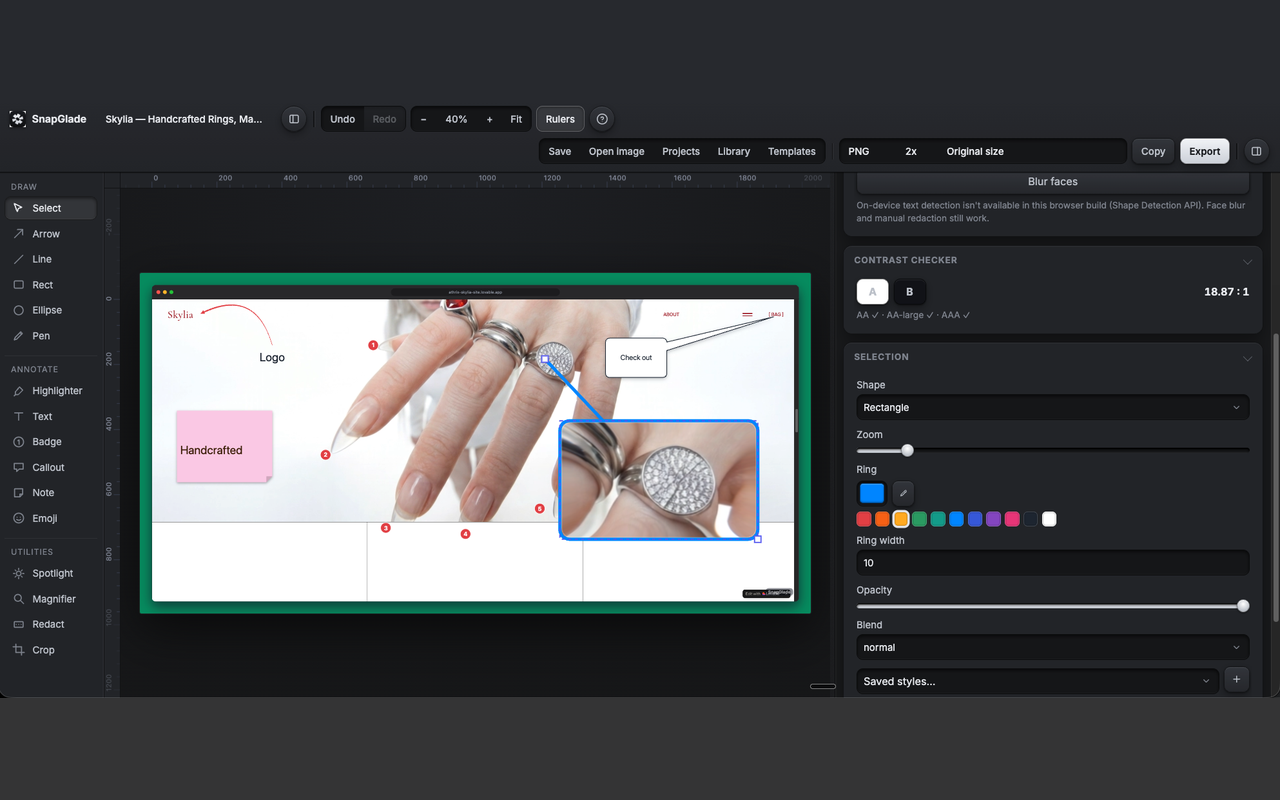 The SnapGlade editor with an annotated screenshot open