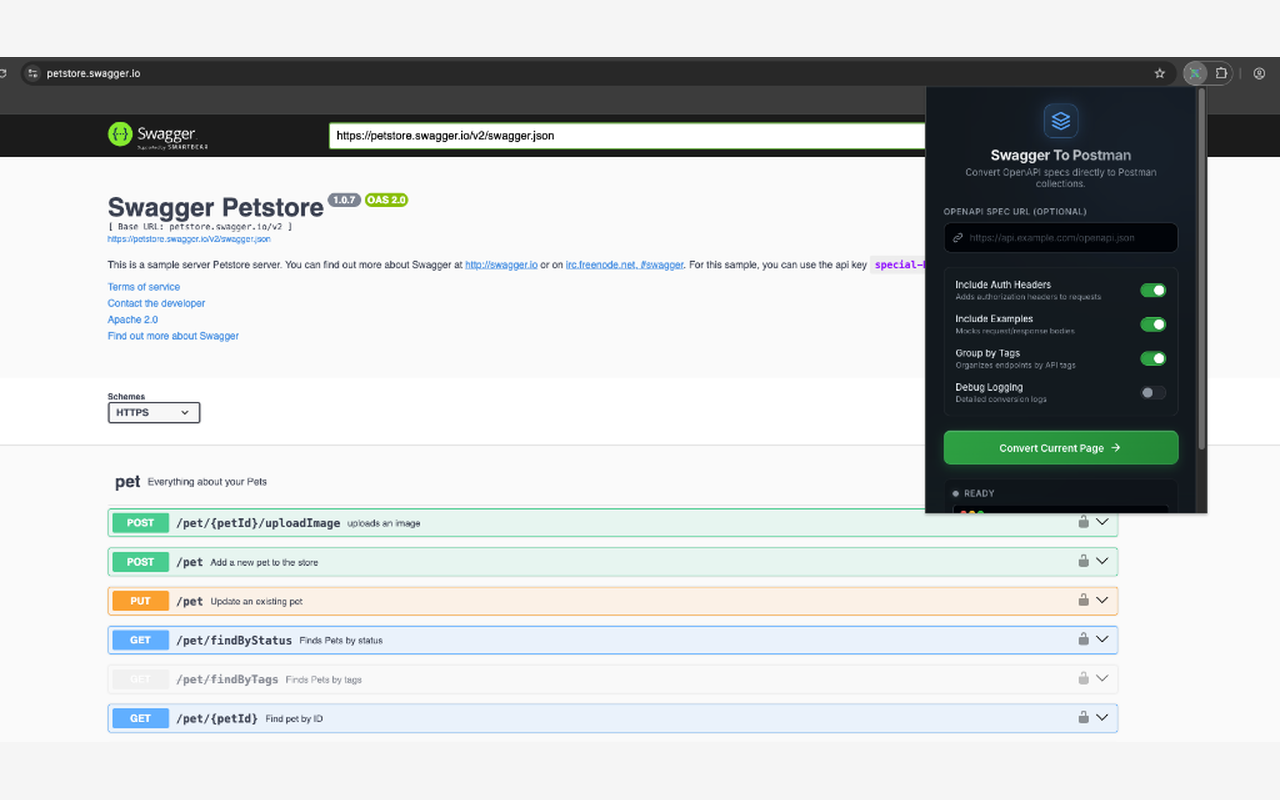 Swagger to Postman popup exporting a collection from a Swagger UI page