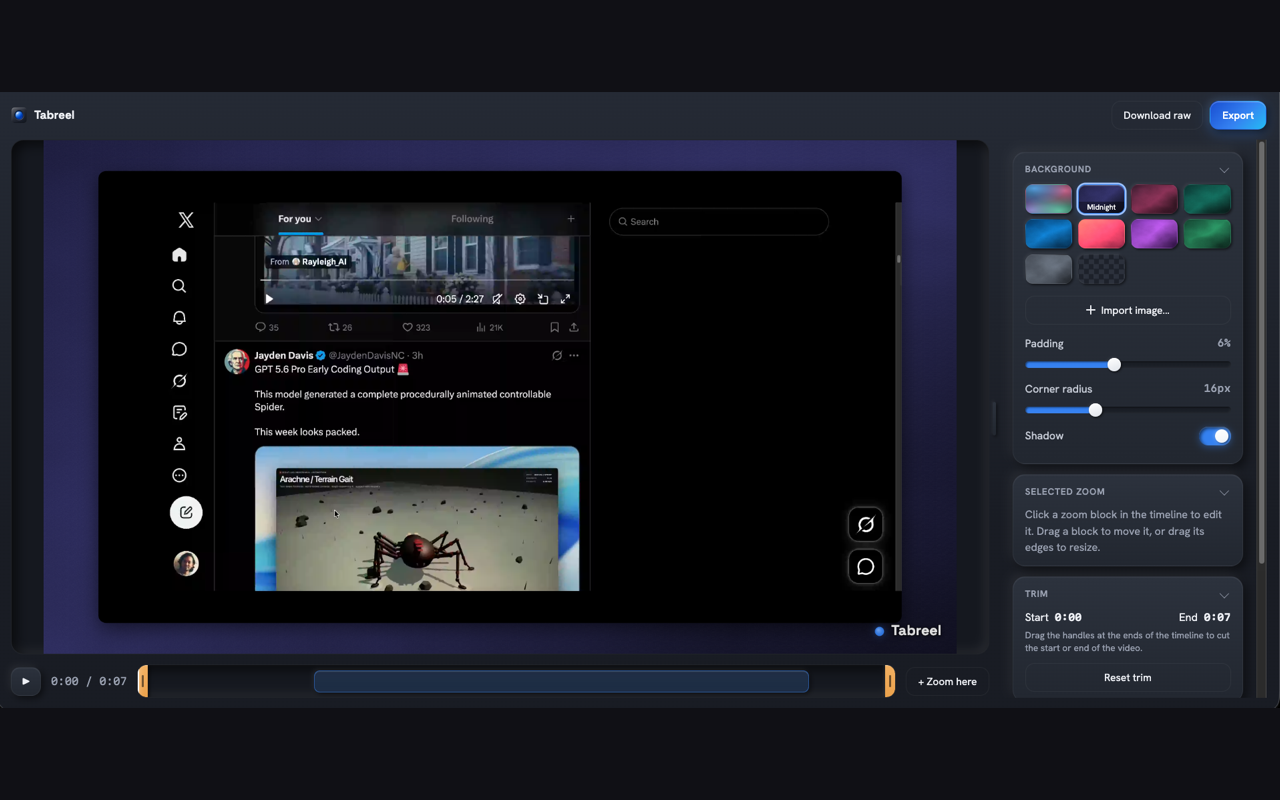 The Tabreel editor with auto-zoom segments arranged on the timeline