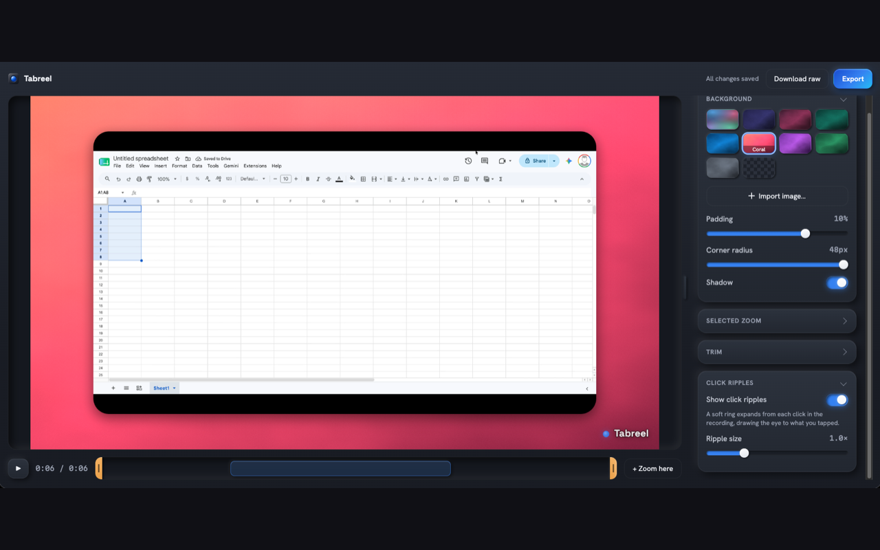 A Tabreel recording inside a styled frame with a gradient backdrop